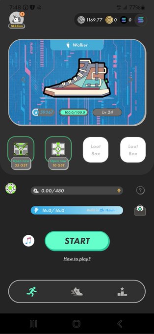 The image shows a phone screen displaying an app interface with various icons, including a shoe icon, a button labeled "Start", and a button labeled "How to play?". The app appears to be designed for playing games or using other features on a smartphone.