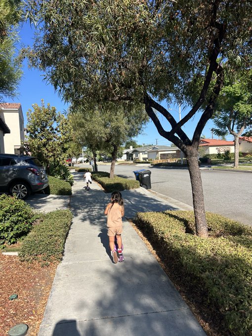 Two children walk down a sunny suburban sidewalk lined with trees and hedges, with a parked car and trash bins visible.