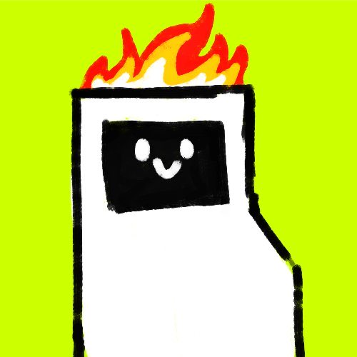 A simple digital drawing of a white rectangular character resembling a computer tower or floppy disk with a smiling face on a black screen, topped with red and yellow flames against a bright lime-green background.