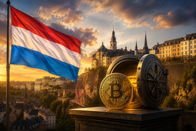 A composite digital artwork featuring the flag of Luxembourg waving on the left, a large golden Bitcoin coin resting in an open vault door in the foreground, and a European city skyline at sunset in the background.