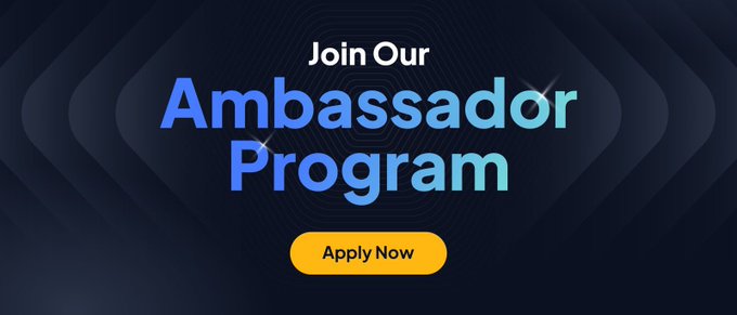 The image features a banner with blue text that reads "JOIN OUR AMBASSADOR PROGRAM" and a yellow button below it, which says "Apply Now". The background of the image has a dark blue color scheme with white lines on it.