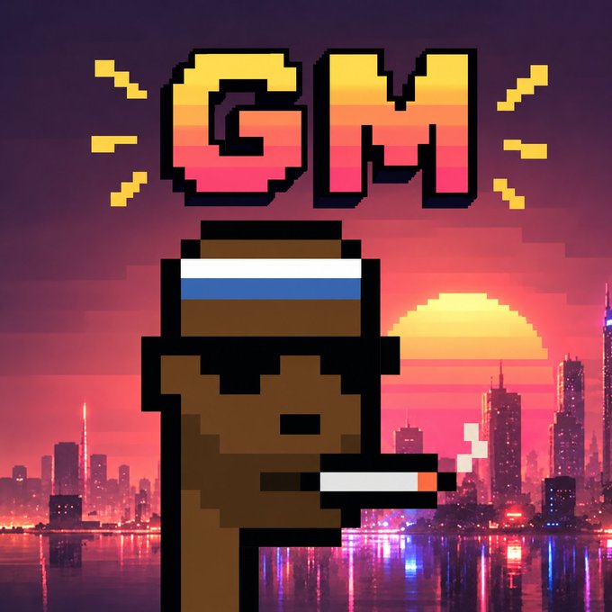 A pixel art style image featuring a brown character smoking a cigarette with the text 'GM' displayed in a sunset gradient font against a city skyline backdrop at dusk.