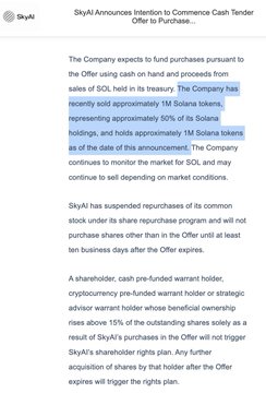 The image shows a press release from SkyAI announcing its intention to commence a cash tender offer to purchase shares, highlighting that the company has sold approximately 1M Solana tokens—roughly 50% of its holdings—and plans to sell an additional ~1M to fund a buyback of up to $201M. The text relates to the post by confirming SkyAI's significant $SOL liquidations to finance the share and warrant repurchase program.