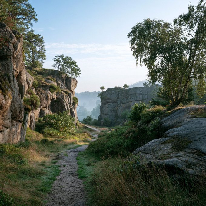 A scenic pathway winding through rocky terrain with trees and vegetation, set against a hazy sky.