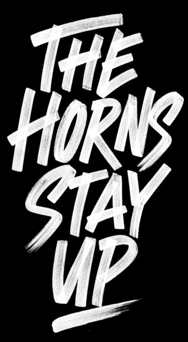 The image displays the text "THE HORNS STAY UP" in bold, brushstroke-style white lettering on a black background. This rallying cry pairs with the post's nostalgic reference to early WIF days and the call to "run it back turbo $ANSEM," capturing the triumphant, community-driven energy of revisiting that bullish era.