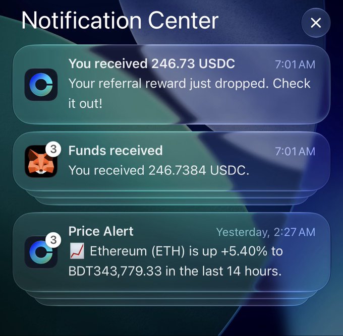 A Notification Center displaying a Coinbase Wallet alert shows the user received 246.73 USDC in referral rewards at 7:01 AM, along with a MetaMask notification for 246.7384 USDC funds received and a price alert noting Ethereum (ETH) rose +5.40% to BDT343,779.33. The image directly visualizes the post's excitement about waking up to Coinbase's referral reward notification.