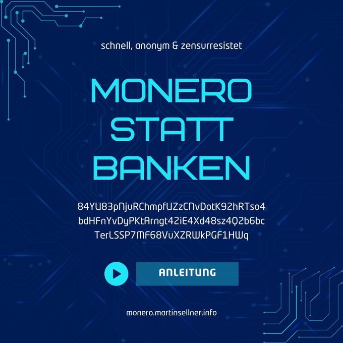 The image is a German-language promotional graphic titled "MONERO STATT BANKEN" (Monero Instead of Banks), highlighting Monero's fast, anonymous, and censorship-resistant features alongside a Monero donation address and a website (monero.martinsellner.info). The post ties it to activist Martin Sellner, framing the image as a call for Monero donations to support his anti-immigration activism.
