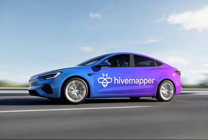 A blue and purple gradient Tesla car drives on a road with the 'hivemapper' logo and bee icon displayed on its side.