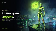 A dark promotional graphic with the text 'Claim your .agent' featuring a glowing green robotic figure standing on a platform, with a small dog beside it and a cityscape in the background.