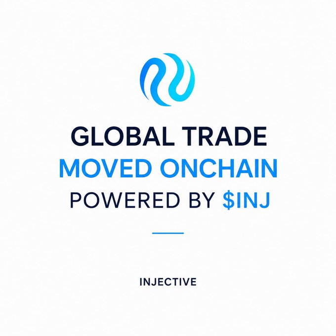 Injective promotional graphic with logo and text reading 'GLOBAL TRADE MOVED ONCHAIN POWERED BY $INJ' by INJECTIVE.
