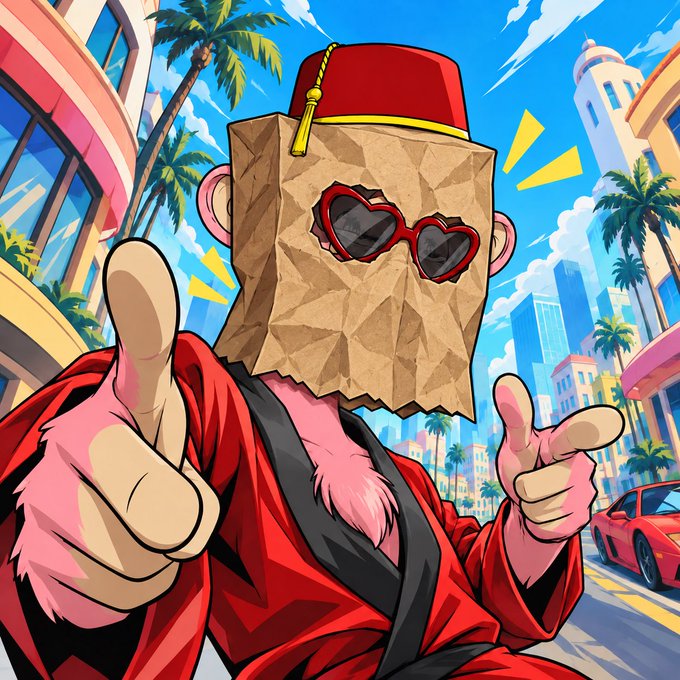 A cartoon figure with a brown paper bag over its head—wearing red heart-shaped sunglasses and a red fez hat—gives two thumbs up against a vibrant city backdrop with palm trees and a red sports car. The quirky, anonymous avatar aligns with the caption's boast about a rare profile picture change, with the mysterious "cat" persona signaling an effort to boost engagement to one billion.