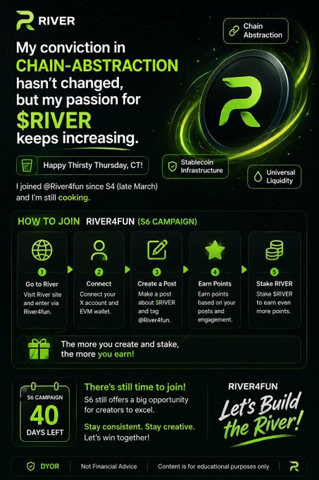 A promotional infographic for 'RIVER' cryptocurrency featuring a green logo and a '$6 CAMPAIGN' with 40 days left, outlining steps to join, earn points, and stake $RIVER.