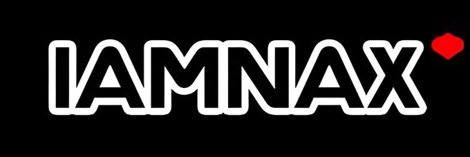 A black screen shows the word 'IAMNAX' in bold white outlined letters with a red dot at the end.