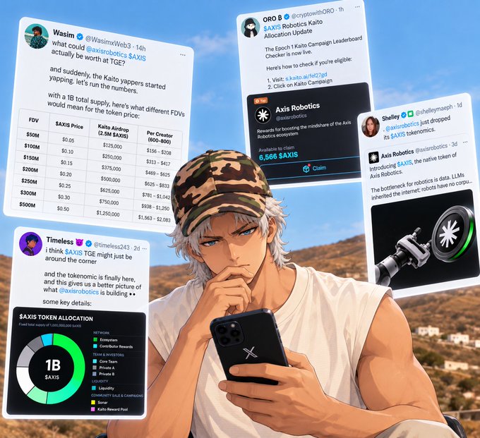 An anime-style character with a camo cap looks at his phone surrounded by tweets about $AXIS including a Kaito airdrop price table, tokenomics pie chart, and Axis Robotics TGE announcement, visually representing someone returning to Crypto Twitter after weeks away and seeing the $AXIS buzz everywhere.