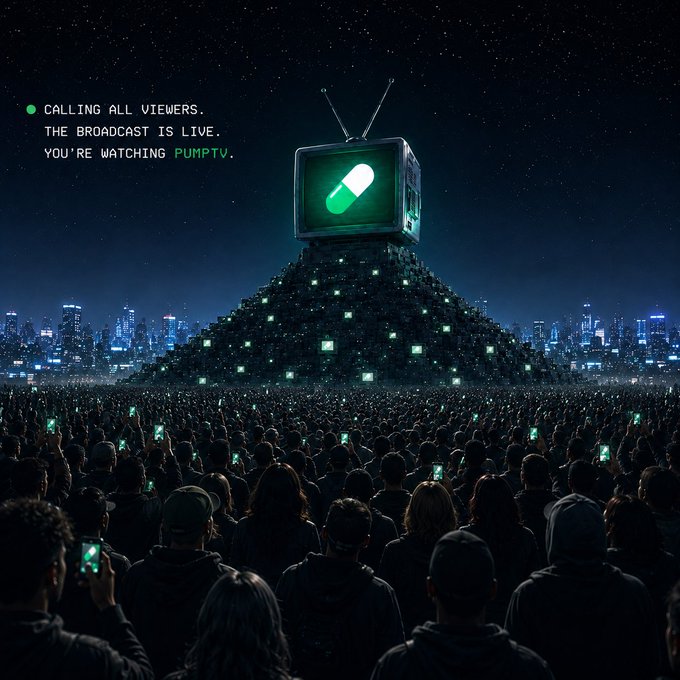 A nighttime scene shows a massive crowd gathered before a glowing pyramid structure topped with a retro television displaying a green pill icon, with text reading "CALLING ALL VIEWERS. THE BROADCAST IS LIVE. YOU'RE WATCHING PUMPTV."