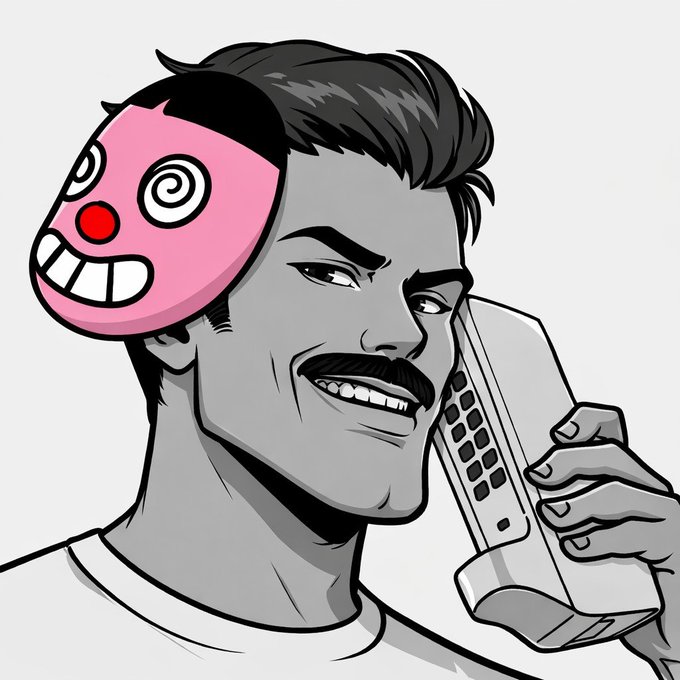 A stylized illustration shows a man with dark hair and a mustache holding a cordless phone to his ear with a sly grin, wearing a pink cartoon mask with spiral eyes and a red clown nose perched on the side of his head. The image plays on the "Gm (pump it)" caption by depicting a character "pumping" hype calls, with the manic clown mask symbolizing the bullish, chaotic energy behind the phrase.