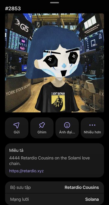 A mobile app screenshot of NFT #2853 from the 'Retardio Cousins' collection on the Solana network, showing a 3D animated character wearing an 'I AIN'T BATMAN' shirt.