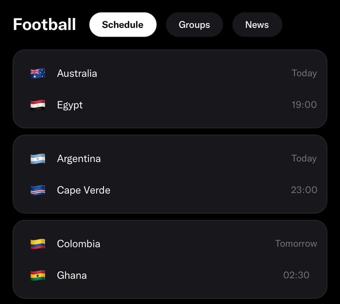 The image displays a Football schedule showing three upcoming FIFA World Cup Round of 32 matches: Australia vs Egypt at 19:00, Argentina vs Cape Verde at 23:00, and Colombia vs Ghana at 02:30 the following day. The schedule layout supports the post's mention of the three remaining matches, though it notably includes Cape Verde rather than the traditional World Cup opponent France.