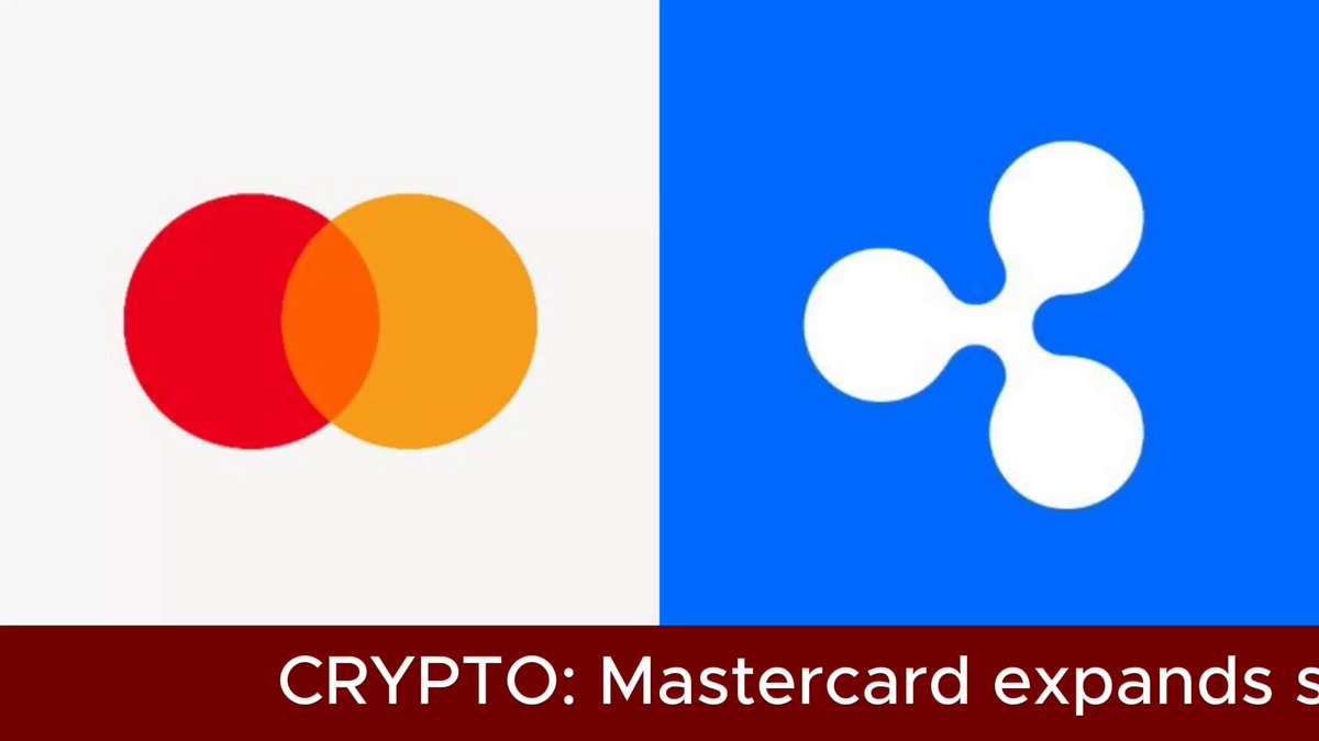 The image shows a large Mastercard logo, with a smaller Crypt logo situated beneath it. TheCrypt logo displays an "X" surrounded by a circle of four circles (or triangles) filled with white colors inside. The text below reads, "CRYPT: Mastercard expands global settlement to include $USDC, $PYUSD and $RLUSD".