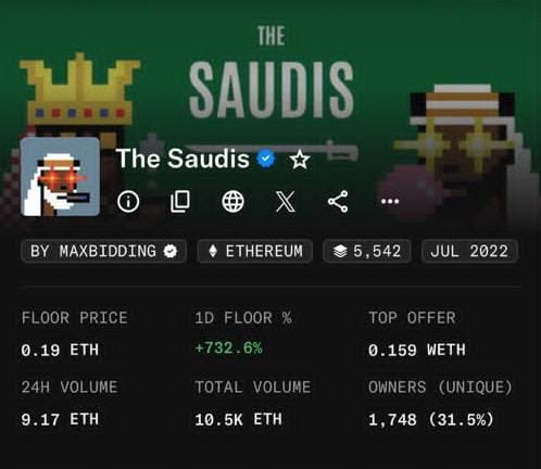 A screenshot of a webpage displays details for an NFT collection called 'The Saudis' with the user 'MAXBIDDING'. It shows a floor price of 0.19 ETH (+732.6%), 24H volume of 9.17 ETH, and 1,748 unique owners, dated July 2022.