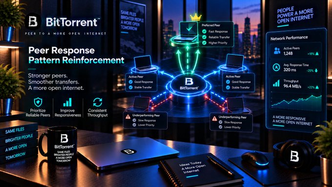A BitTorrent promotional graphic titled "Peer Response Pattern Reinforcement" showing a network of peers with stats like 1,248 active peers, 320ms response time, and 96.4 MB/s throughput, alongside slogans like "Stronger peers. Smoother transfers. A more open internet."