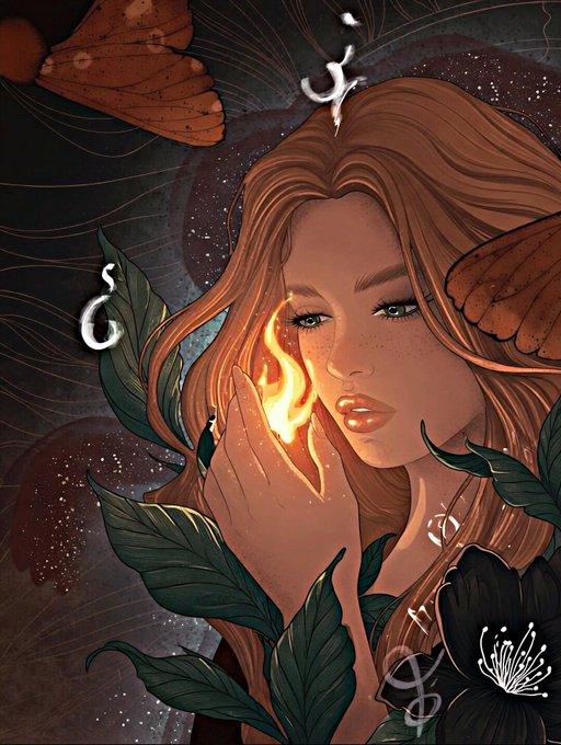 A digital illustration depicts a woman with long auburn hair surrounded by butterflies, leaves, and black flowers, holding a glowing flame near her face.