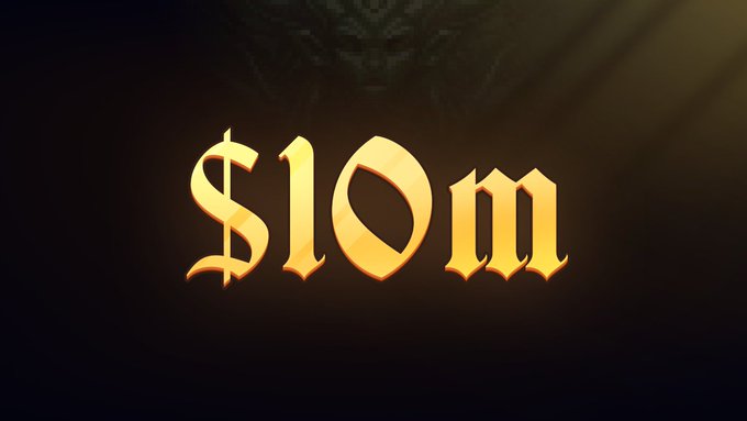 A glowing, golden, gothic-style text graphic displaying "$10m" against a dark background with subtle light rays.