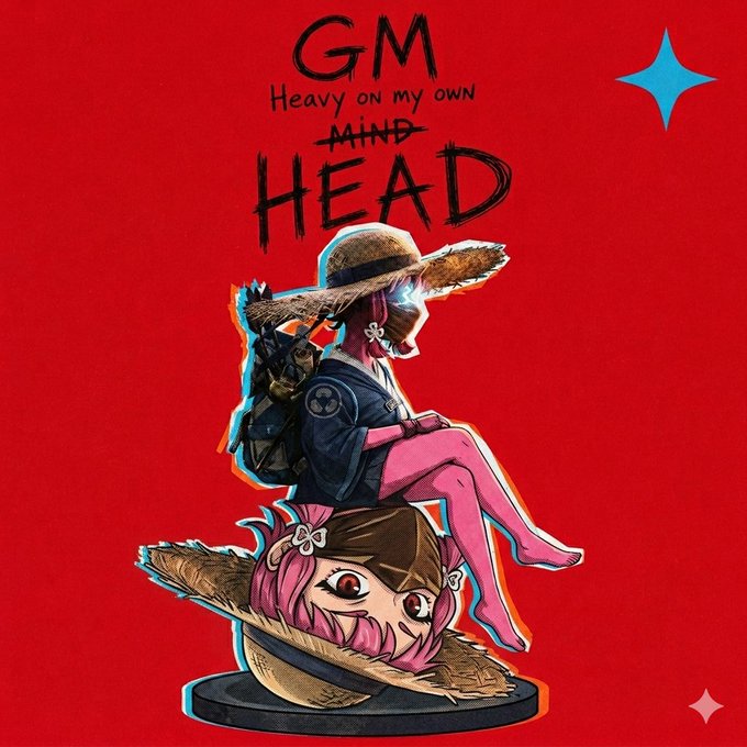 The image features a cartoon illustration depicting a girl sitting atop a hat. The scene is set against a red background that includes the text "GQ" at the top, and the words "heavy on my own mind" above the hat. This intriguing combination of elements suggests an imaginative connection between heavy thinking or mental weight and the concept of a hat being used as a base in this cartoon illustration.