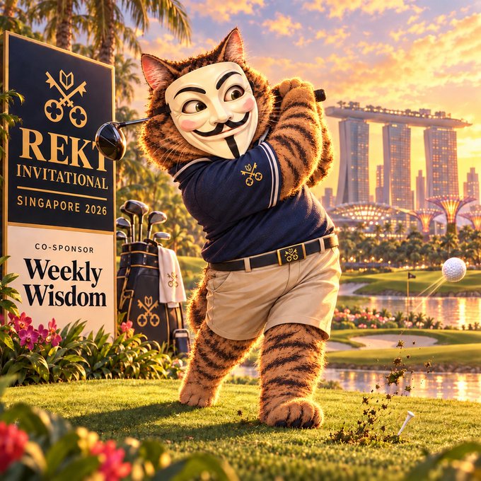 A whimsical illustration of a tiger character wearing an Anonymous mask and golf attire, swinging a club at the 'REKT Invitational Singapore 2026' golf tournament with co-sponsor 'Weekly Wisdom'.
