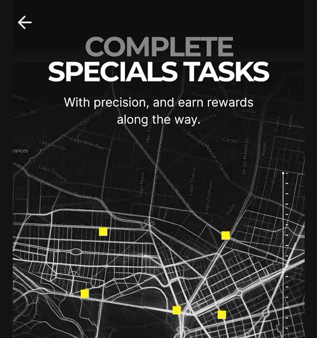 A mobile app screen titled 'COMPLETE SPECIALS TASKS' with the subtitle 'With precision, and earn rewards along the way,' overlaid on a black-and-white city map marked with yellow task locations.
