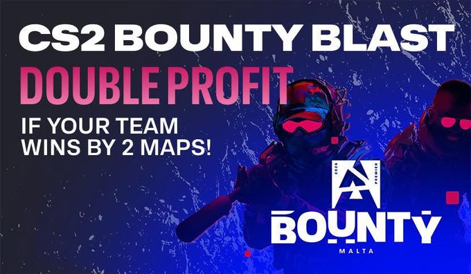 The image is a promotional graphic for "CS2 BOUNTY BLAST DOUBLE PROFIT" with text "IF YOUR TEAM WINS BY 2 MAPS!" alongside the Bounty Malta logo, featuring tactical operator figures in pink-lit goggles against a dark background.

The "Double Profit" promotion aligns with the post about betting on Vitality, suggesting the user is leveraging Bounty Malta's enhanced payout offer to maximize winnings if Vitality dominates their match by a 2-map margin.