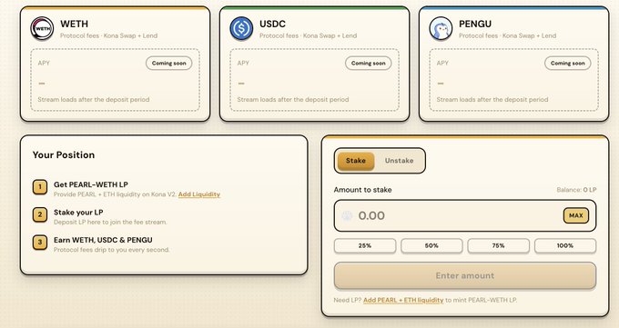 A DeFi interface on Abstract Chain showing three "Coming soon" protocol fee streams (WETH, USDC, and PENGU) alongside a position guide instructing users to "Get PEARL-WETH LP," "Stake your LP," and "Earn WETH, USDC & PENGU," with a staking panel requiring LP tokens to enter an amount. The image illustrates Kona's new multi-asset reward mechanism where staking PEARL-WETH LP tokens distributes protocol fees in ETH, USDC, and PENGU every second.