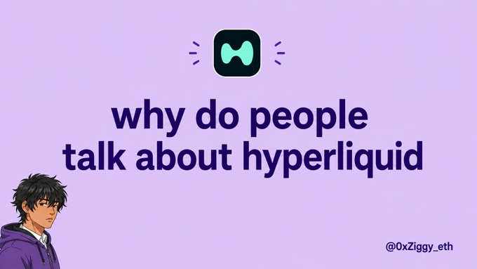A graphic with a purple background featuring the question 'why do people talk about hyperliquid' alongside a small Hyperliquid logo and an anime-style character, credited to @0xZiggy_eth.