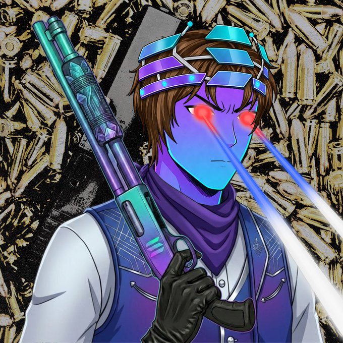 An anime-style illustration features a blue-skinned character with red glowing eyes and a futuristic headpiece, holding a sci-fi gun amid a background of bullet casings.