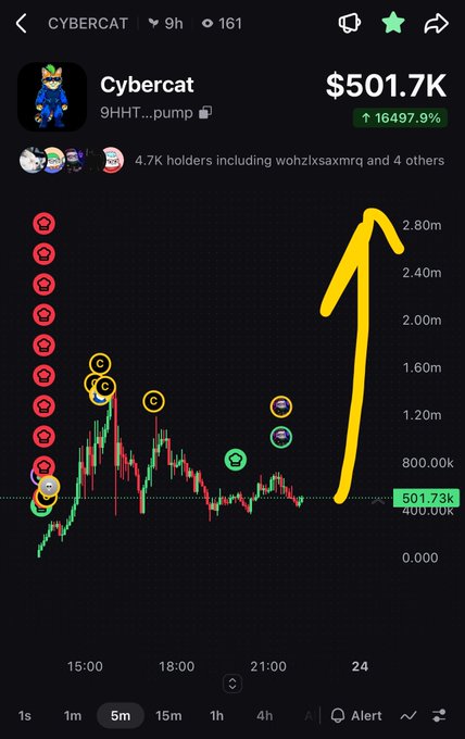 A trading chart shows the Cybercat token (9HHTQ7YMx82E987cNqF9KczyZrfKgqvKNyA2yHSVpump) with a market cap of $501.7K, up 16,497.9% in the past 9 hours, featuring 4.7K holders including wohzlxsaxmrq and a sharp price spike illustrated by a hand-drawn yellow arrow pointing to roughly 2.80m.