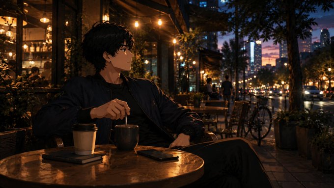 An anime-style illustration of a young man with dark hair sitting at an outdoor café table at dusk, holding a cup, with a city skyline and palm trees in the background.