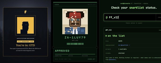 Three screenshots from zason.net showing a 'GTD Approved' status for application '00076' (Watch the Balloon X), a pixel-art character pass for '@ff_vi2', and a 'snarklist status' terminal indicating 'on the list' with pass '00076' and a #bl5hod channel.