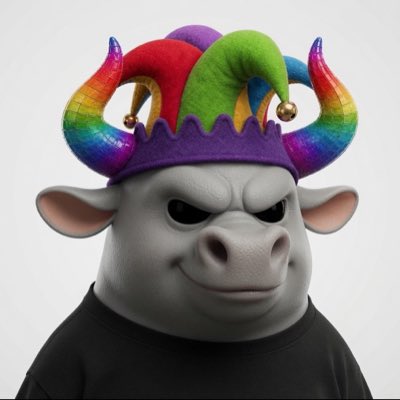 A gray cartoon pig character with a mischievous expression wears a colorful rainbow jester hat, fitting the playful "#NewProfilePic" theme. The festive crown adds a celebratory vibe to the post's announcement of giving away NFTs and $250 to three people.