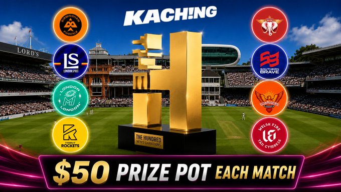 Promotional graphic for The Hundred cricket tournament featuring a golden '£1' trophy, team logos including London Spirit, Oval Invincibles, Welsh Fire, Trent Rockets, Manchester Originals, Brave, and Southern, with text 'KACH!NG' and '$50 PRIZE POT EACH MATCH'.