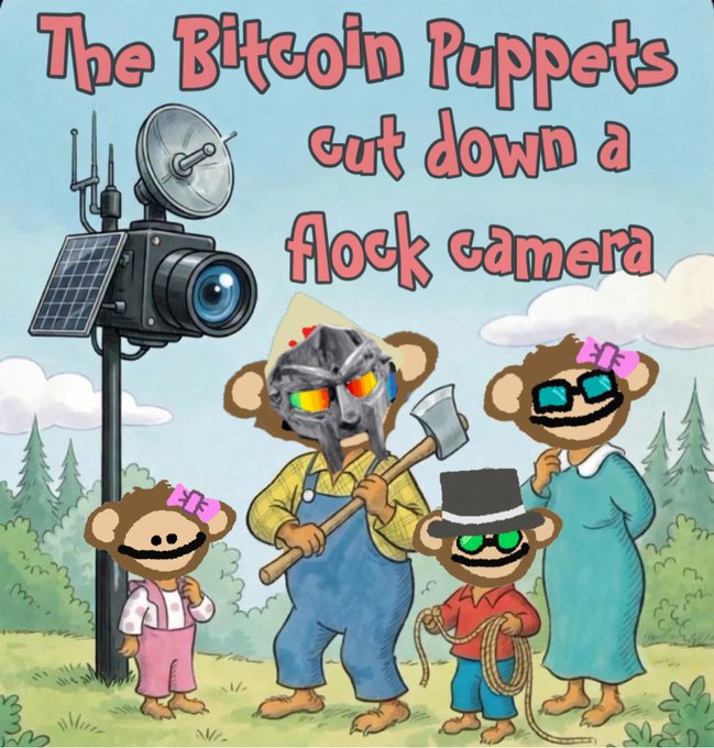 A cartoon illustration shows four monkey puppets — a baby in pink overalls, a masked figure wielding a hatchet, a small cowboy-hatted monkey holding rope, and a mother in a blue dress — gathered around a surveillance camera mounted on a pole with a solar panel, beneath the title "The Bitcoin Puppets cut down a flock camera." The playful, rebellious scene ties into the post "for world peace" by humorously suggesting that dismantling surveillance ("flock cameras") is a step toward preserving personal freedom and global harmony.