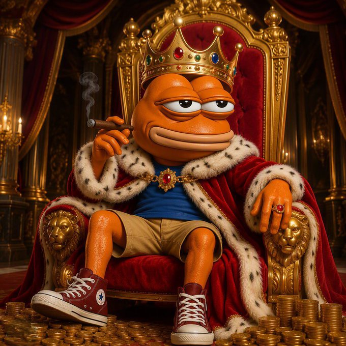 A cartoonish orange frog character wearing a golden crown, red royal robe, and sneakers lounges on a lavish throne amid piles of gold coins, with a medal reading "PEPE" around its neck. The image playfully embodies the post's message by portraying the meme coin community's "king" reigning over an empire built by its passionate, culture-driving supporters.