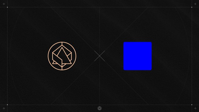 A minimalist dark graphic featuring a geometric EOS logo on the left and a blue square on the right against a black background.
