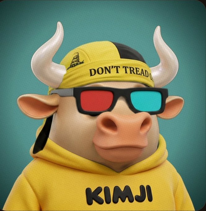 3D cartoon bull mascot wearing a yellow cap with 'DON'T TREAD ON...' visible, red/blue 3D glasses, and a yellow hoodie with 'KIMJI' written on it.