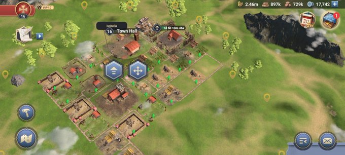 A screenshot from a mobile strategy game showing a medieval village layout with a 'Town Hall' (level 16) and 'In a few days' timers visible.