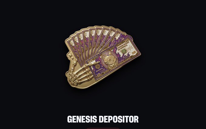 Image 6: A digital render of gold and purple collectible cards featuring an Egyptian pharaoh design, labeled 'GENESIS DEPOSITOR' at the bottom.