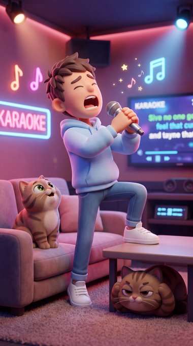 A 3D-style cartoon illustration depicts a boy singing into a microphone in a neon-lit karaoke room with musical notes floating around, while two cats watch him, one on the sofa and another hiding under the table.