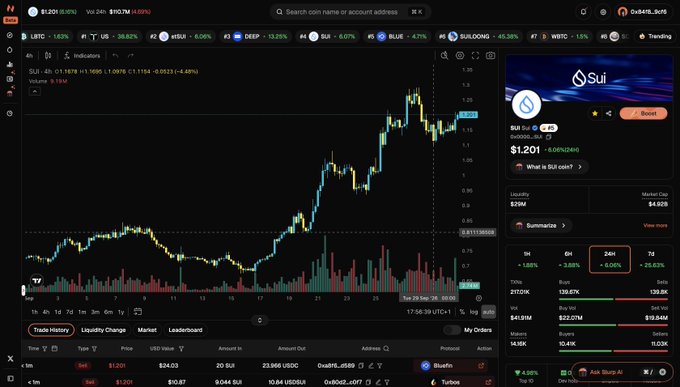 A cryptocurrency trading interface shows a candlestick chart for SUI coin at $1.201, with market data including 24H change, liquidity, and active orders displayed on a dark-themed dashboard.