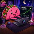 A small cartoon illustration of a pink character with a face mask labeled 'MAFUMA' trading stocks on a laptop in a dimly lit room with a 'MENU' icon overlay.