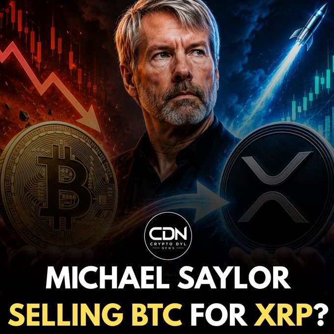 The image is a CryptoDVL News graphic featuring Michael Saylor's portrait in the center, flanked by a golden Bitcoin coin on the left and an XRP coin on the right, with red downward trending charts behind the Bitcoin side and a blue rocket and upward charts behind the XRP side, accompanied by bold yellow and white text reading "MICHAEL SAYLOR SELLING BTC FOR XRP?" The graphic visually dramatizes the speculative social media chatter referenced in the post, juxtaposing the two cryptocurrencies to provoke debate despite there being no evidence Saylor or MicroStrategy plan to divest from Bitcoin.