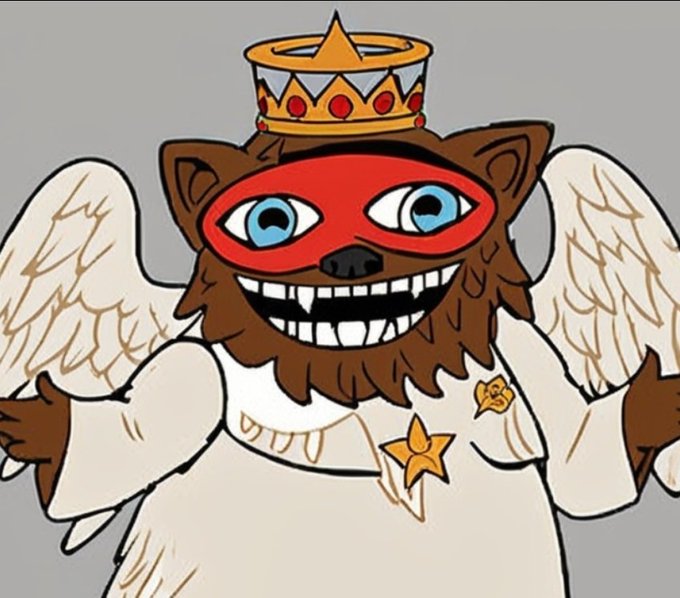A cartoon brown bear character wears a gold crown, a red domino mask, and angel wings, smiling widely.